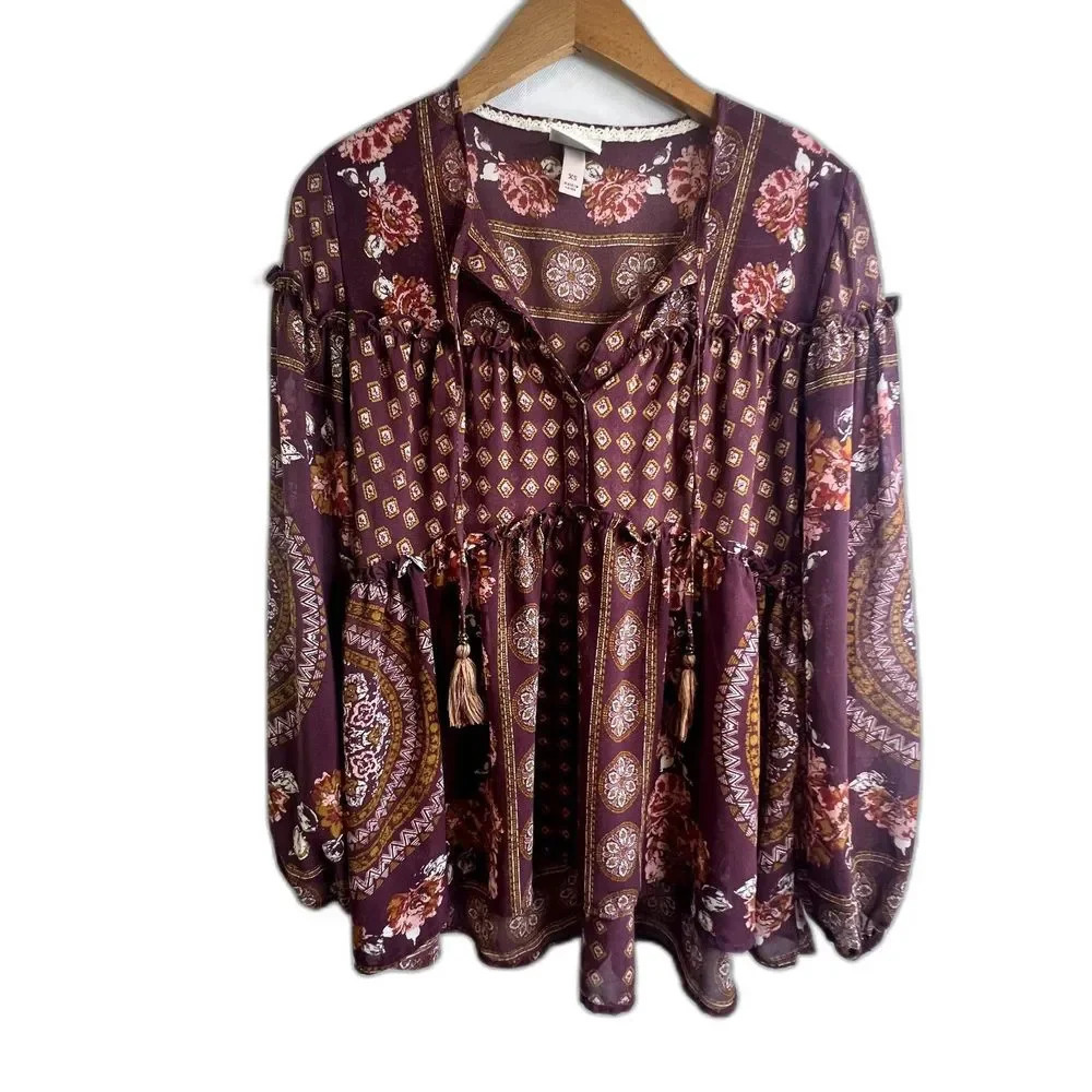 Knox Rose Long Sleeve Vneck Peasant Blouse Size XS